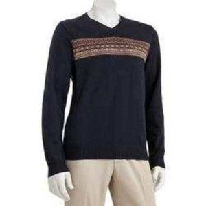 Mens Sweater Arrow Blue Fairisle Large Long Sleeve V-Neck Cotton Ribbed Trim